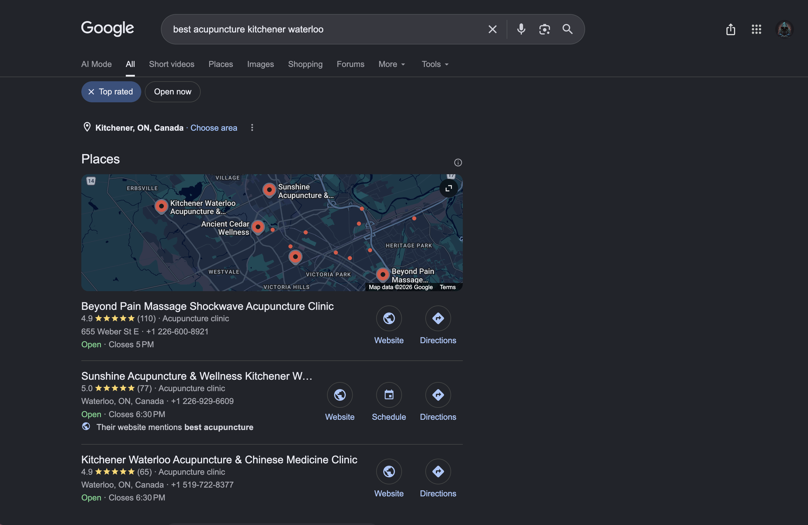 Google search results for a local service showing the map and the top-ranked clinic